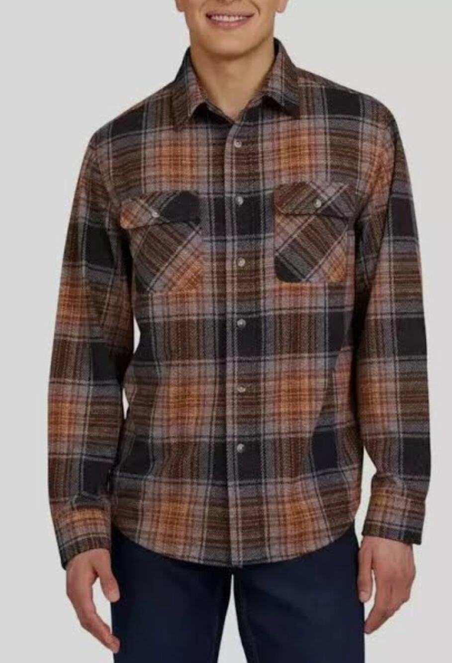 Chaps Menβs Soft Knit Plaid Flannel Shirt Brown Orange Button Front Small